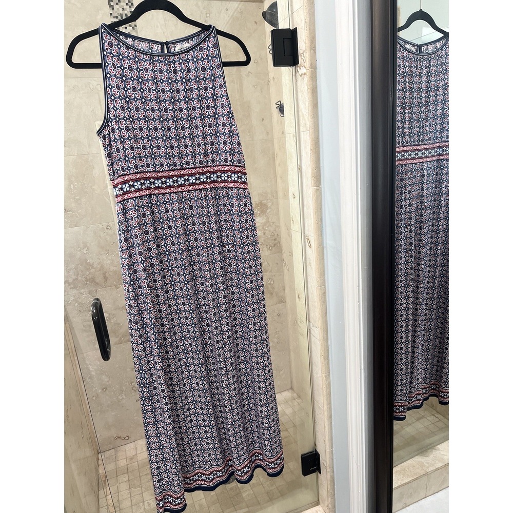 Max Studio Dress Jersey Large Blue Boho Floral Maxi Long Sleeveless Empire Waist